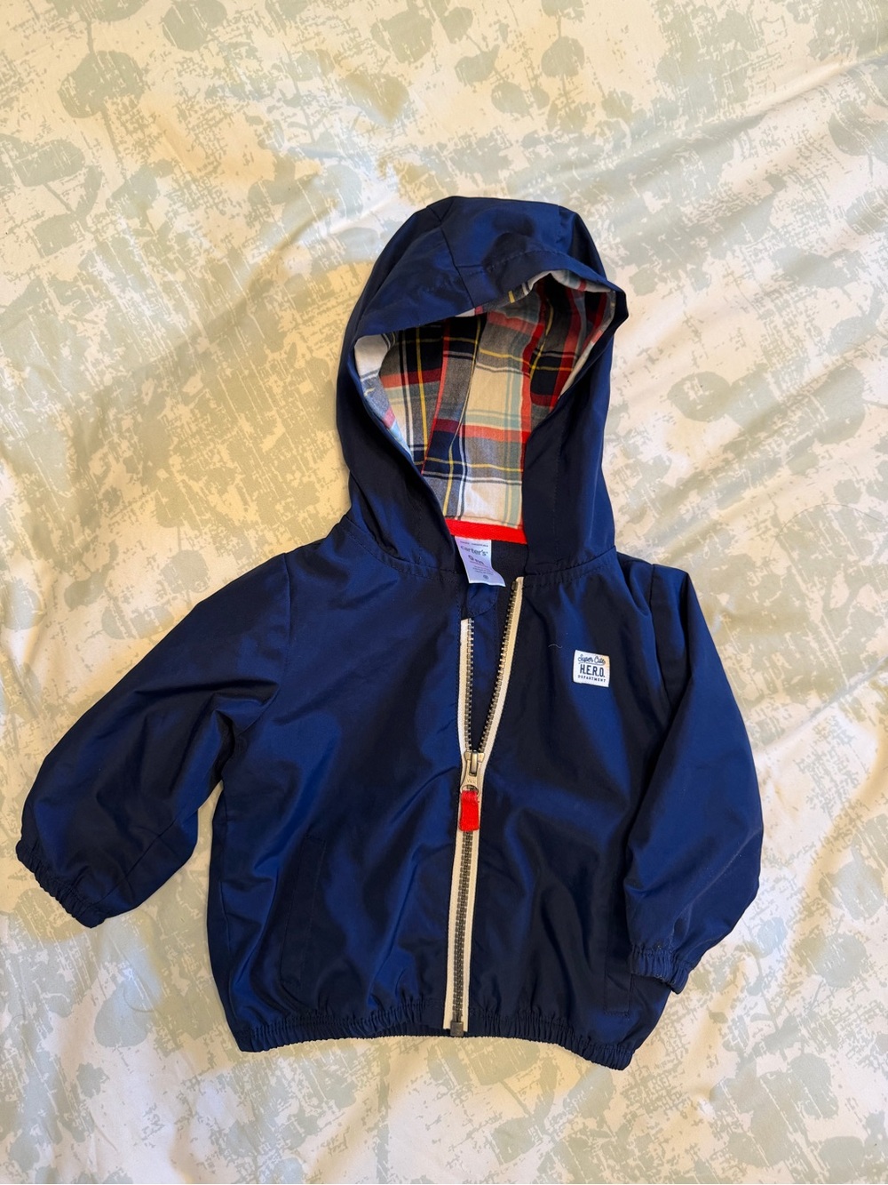 Navy Hooded Baby Jacket with Plaid Lining